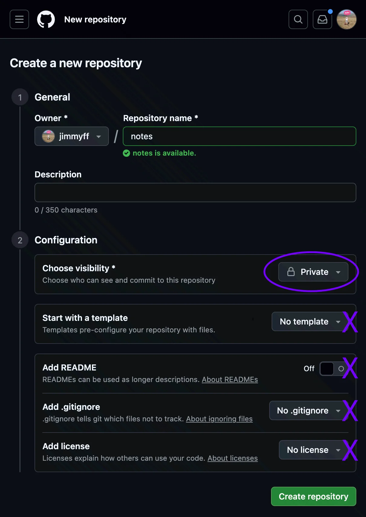GitHub new repository settings