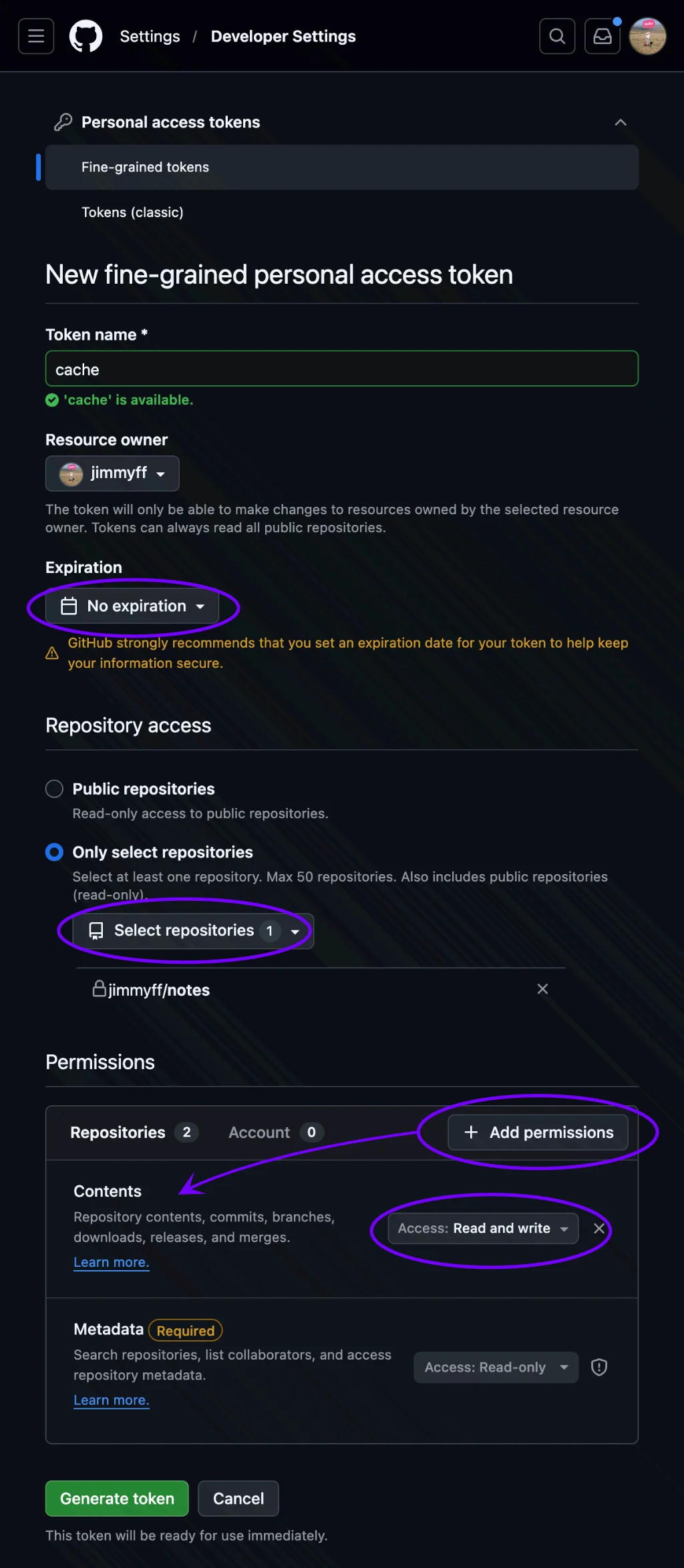 GitHub fine-grained token settings